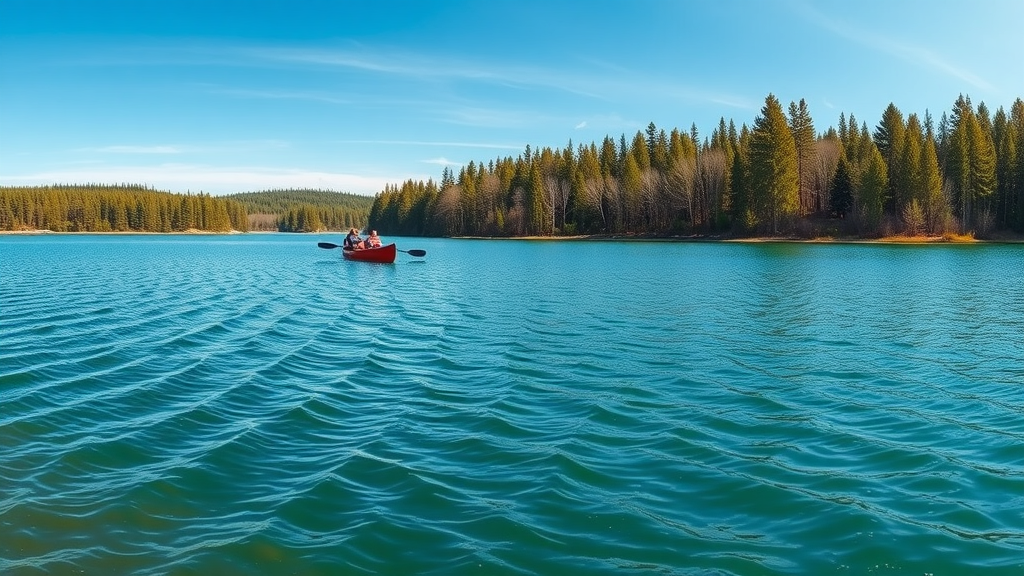 Stunning panoramic Minnesota lake landscape with friends canoeing - minnesota lakes outdoor adventure
