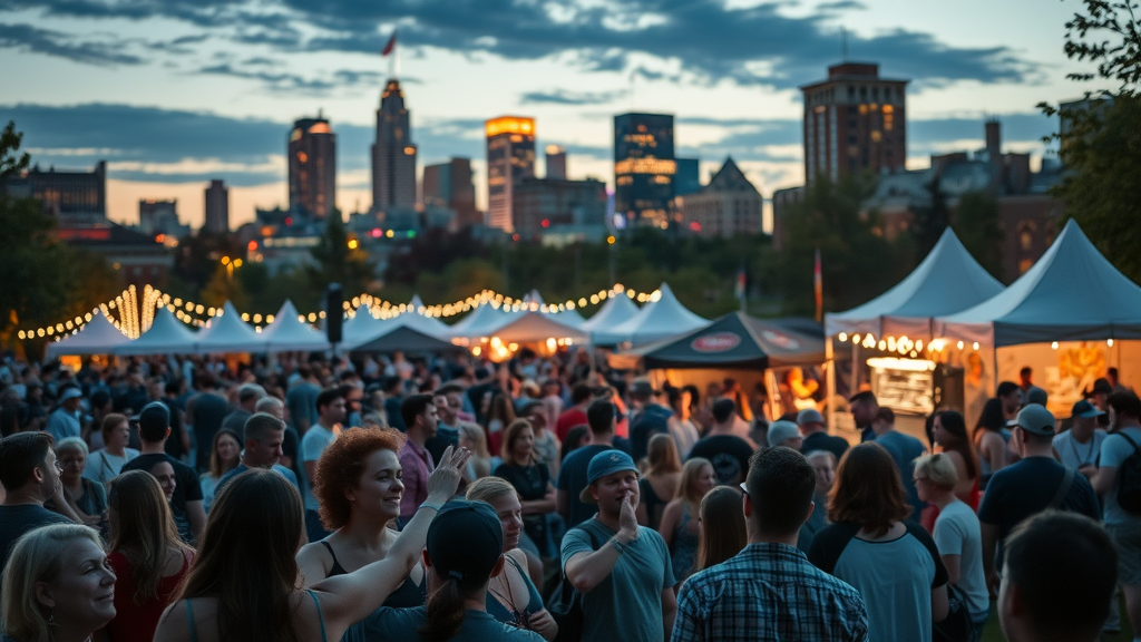 Outdoor music festival, Minneapolis park, food stalls, live band, diverse crowd