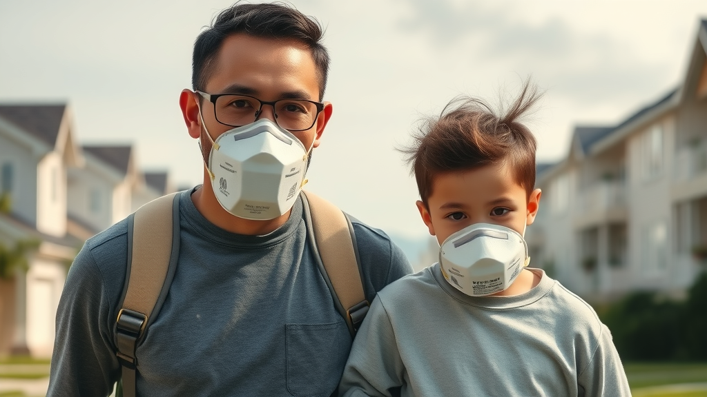 outdoor wildfire smoke protection, adults and children wearing N95 masks, visible haze