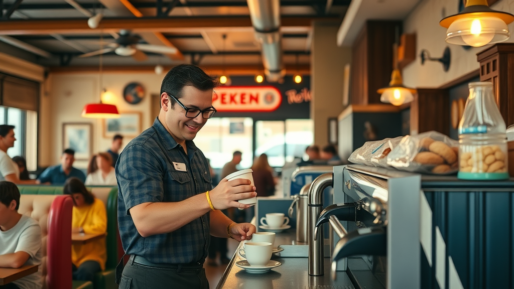 Friendly Minneapolis diner with barista, locals, and vintage decor