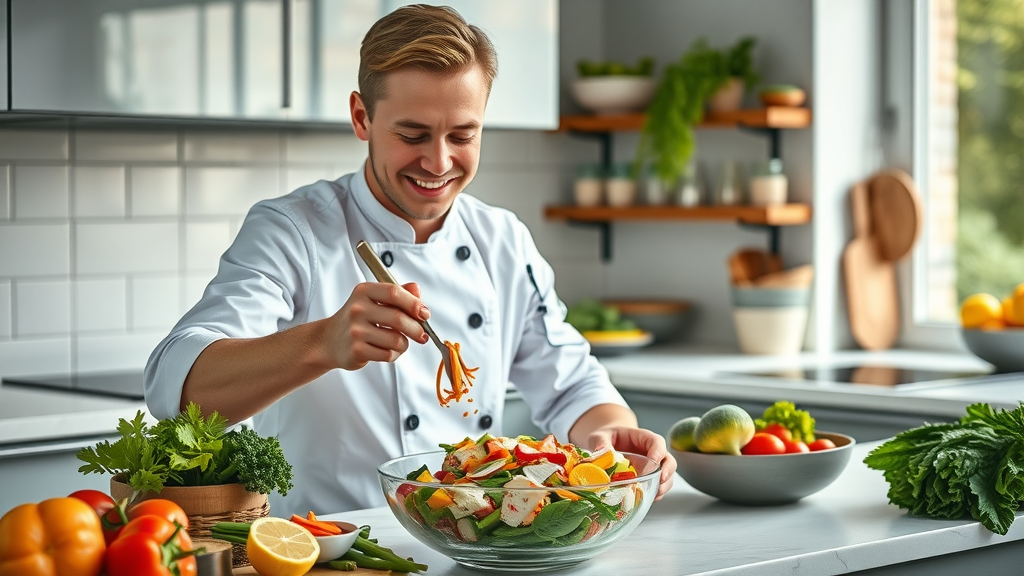 Modern ways to eat lutefisk: young chef preparing lutefisk salad in a bright kitchen