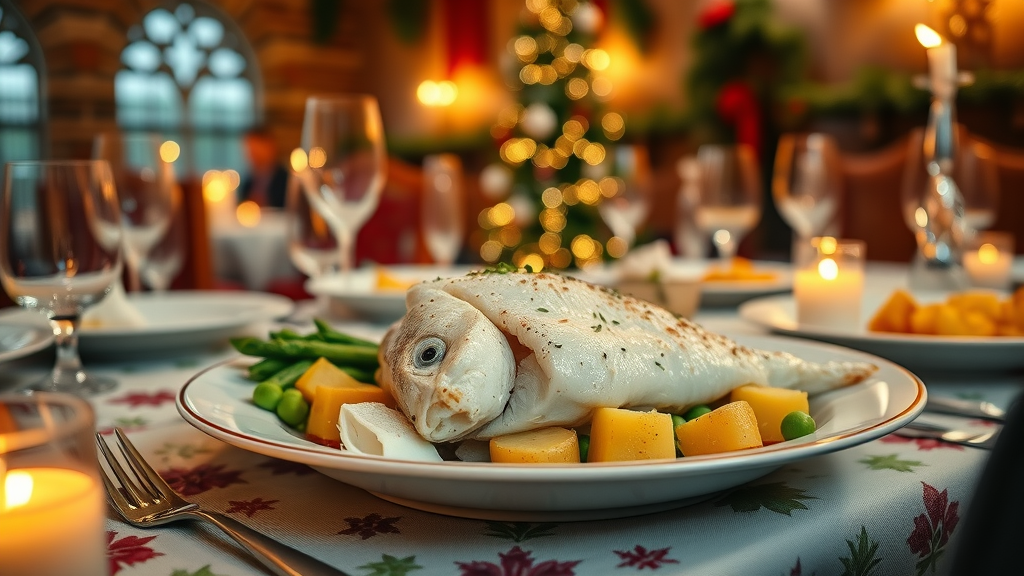 Eating lutefisk at a church basement dinner in Minnesota with classic side dishes and festive decorations