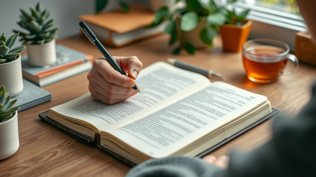 Calm hands tracking mindfulness meditation progress in a journal