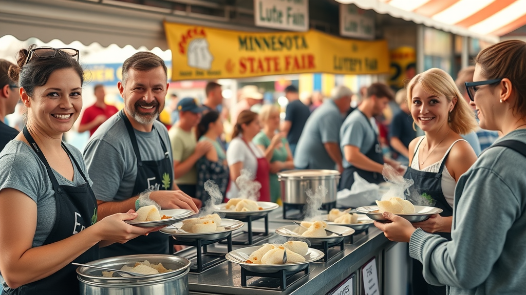 Minnesota State Fair lutefisk booth: cheerful staff serving lutefisk to fairgoers