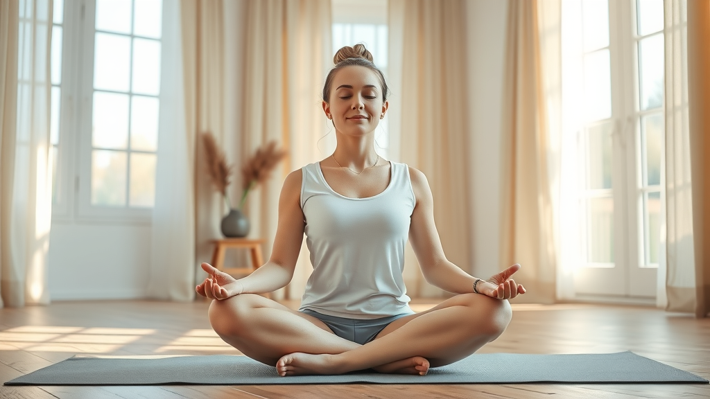 Serene woman practicing mindfulness tips MN while meditating in a sunlit living room