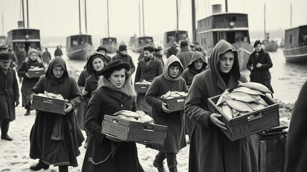Origins of Minnesota lutefisk traditions: Scandinavian immigrants arriving in Minnesota, historic black-and-white style