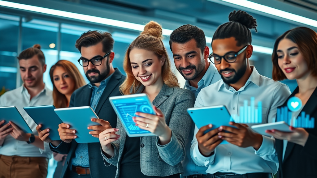 minneapolis small business owners adopting technology, tablets laptops digital graphs, modern tech-savvy office, holographic screens
