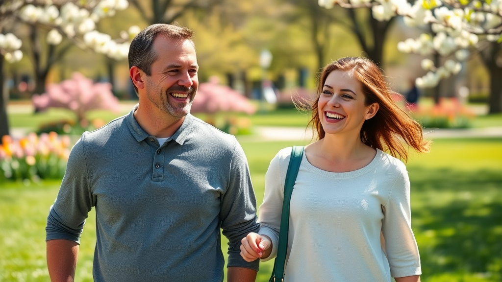 Smiling couple experiencing mental health benefits by practicing mindfulness tips MN in the park