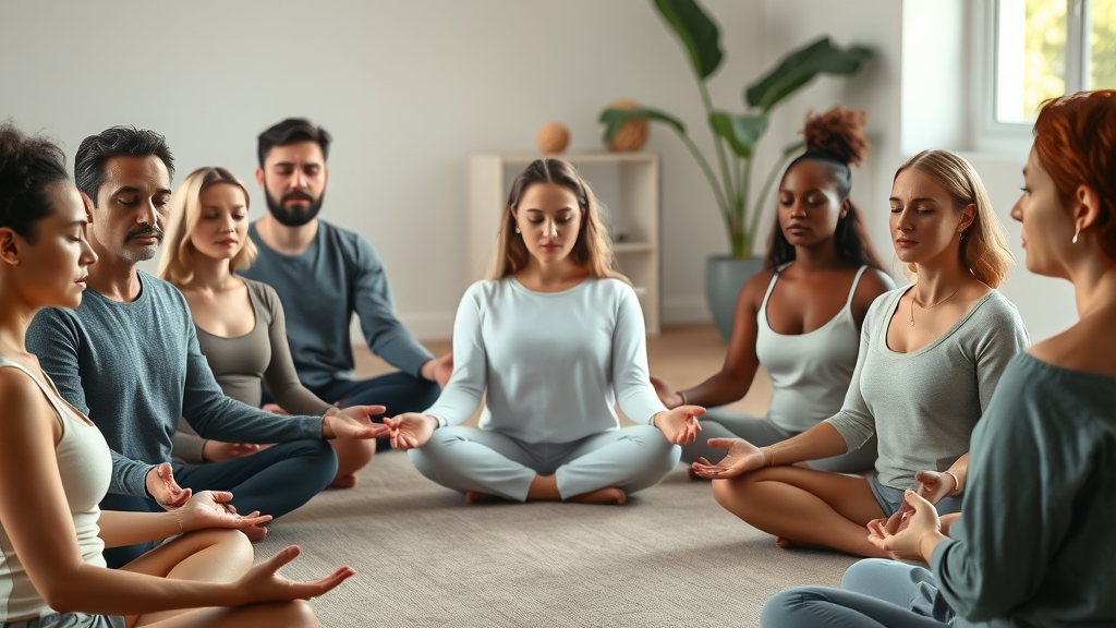Diverse group practicing mindfulness meditation using mindfulness tips MN