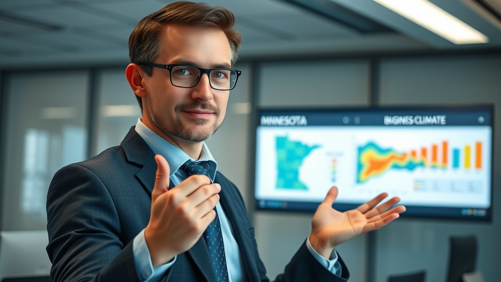 confident analyst comparing business-friendly climate minnesota versus national, digital charts glowing in presentation room