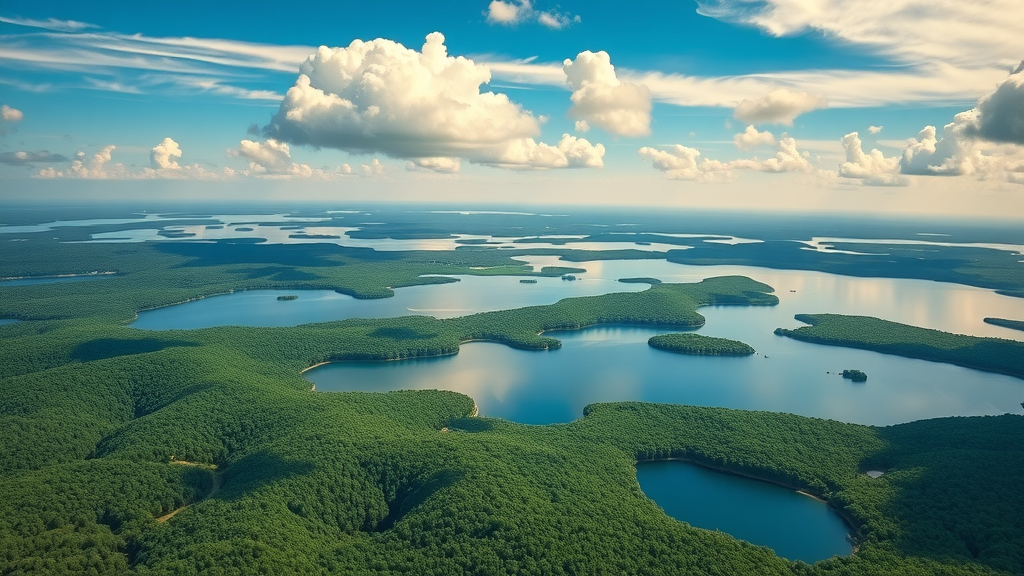 breathtaking aerial view of a lush Minnesota landscape, showing multiple sparkling lakes and green forests under a vibrant blue sky, perfect for minnesota land of 10,000 lakes travel.
