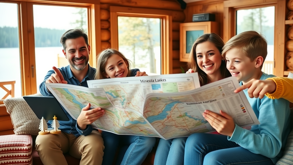 family planning their minnesota land of 10,000 lakes travel with lake maps and digital devices in a cozy cabin overlooking the water.