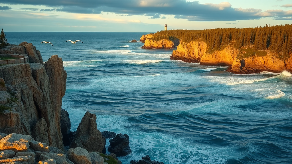 panoramic view of Lake Superior’s north shore with rugged cliffs, forests, and a lighthouse, an iconic stop on a minnesota land of 10,000 lakes travel adventure.