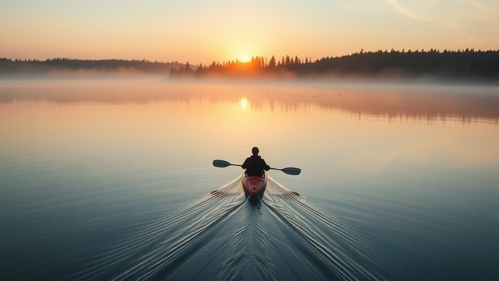 sunrise over Lake of the Woods, with a kayaker, misty trees, and calm waters reflecting the adventure of minnesota land of 10,000 lakes travel.