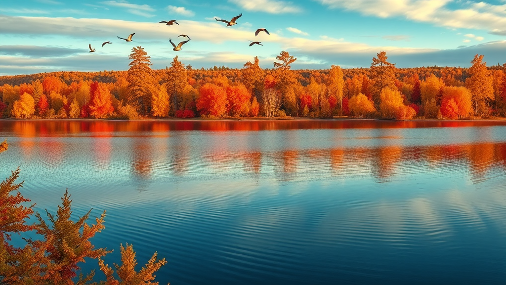 enchanting panorama of a Minnesota lake in peak autumn with red and gold foliage—the epitome of natural beauty for minnesota land of 10,000 lakes travel.