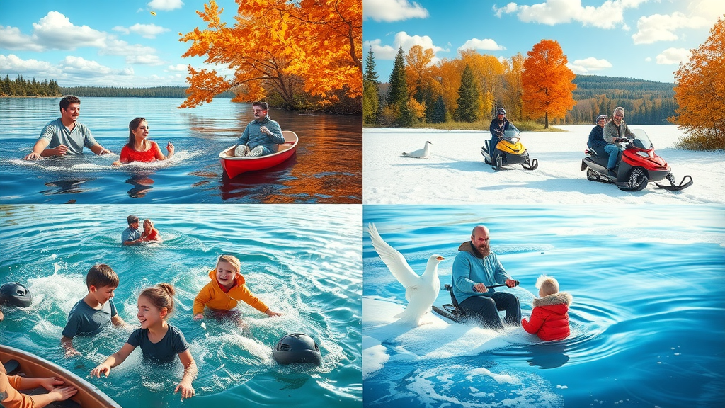 colorful collage showing summer, autumn, winter, and spring activities around Minnesota lakes—families swimming, canoeing, ice fishing, and birdwatching.