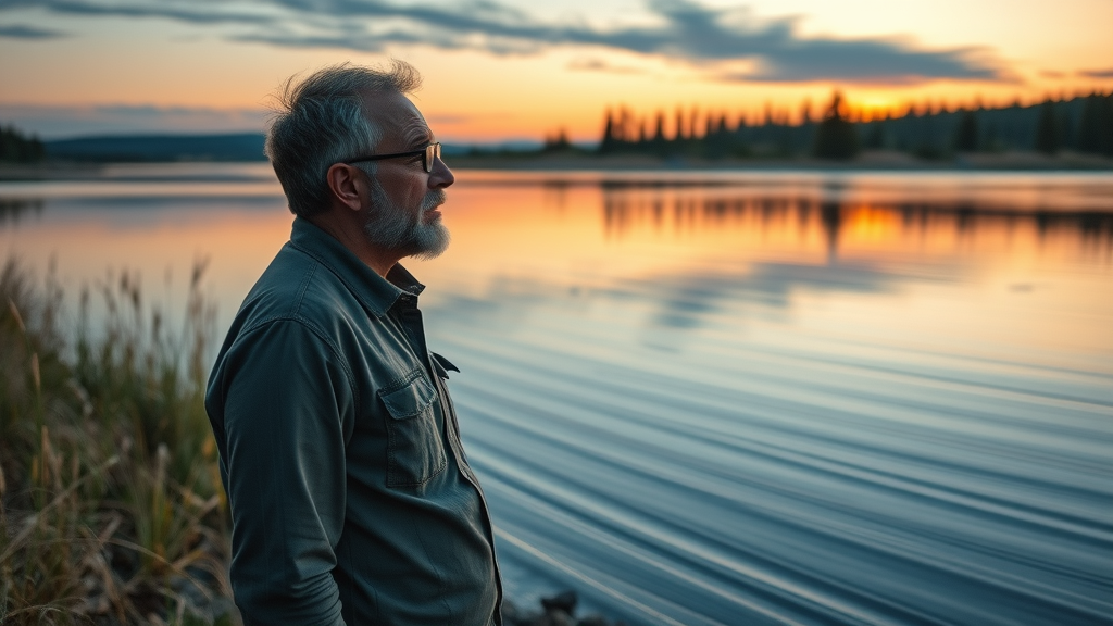 naturalist expert reflecting beside a calm Minnesota lakeshore at sunset, embodying minnesota land of 10,000 lakes travel.