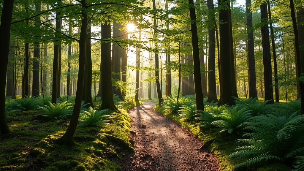 inviting forest trail, tranquil atmosphere, sunlight filtering between trees, lush Minnesota woodland, moss and ferns, highly detailed, crisp greens and browns, morning natural lighting, minnesota off-the-beaten-path spots