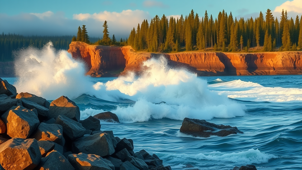 dramatic Lake Superior shoreline, crashing waves against basalt rocks, North Shore cliffs and pine forests, minnesota off-the-beaten-path spots