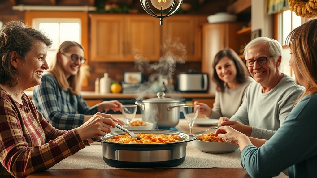 warm, inviting Minnesota family kitchen, smiling people serving hotdish at a table with steam rising from hotdish, minnesota hotdish recipes, cozy home kitchen, natural sunlight, traditional wooden details