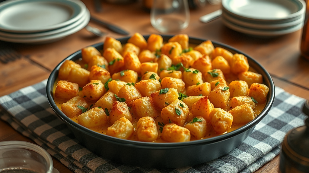 classic tater tot hotdish, bubbly and golden brown, fresh out of the oven, minnesota hotdish recipes, rustic wooden dining table, steam rising, tater tot hotdish