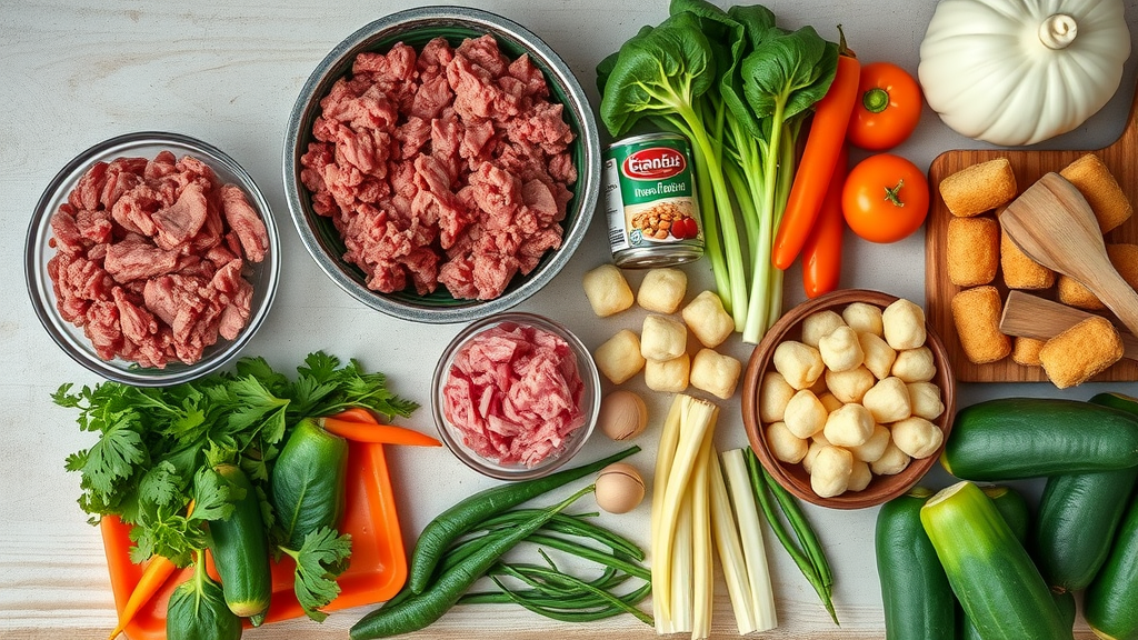deconstructed ingredients for hotdish, ground beef, canned soup, frozen tater tots, vegetables, minnesota hotdish recipes, farmhouse kitchen counter, natural colors, highly detailed