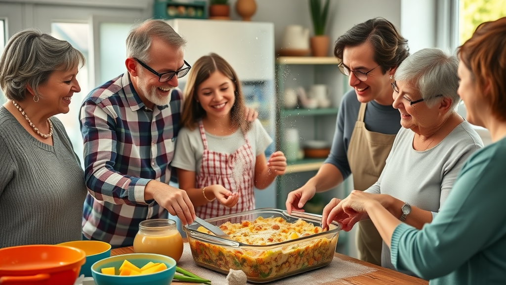 family preparing hotdish together, layering ingredients, minnesota hotdish recipes, multi-generational, bright community kitchen, flour dust in air, vibrant bowls