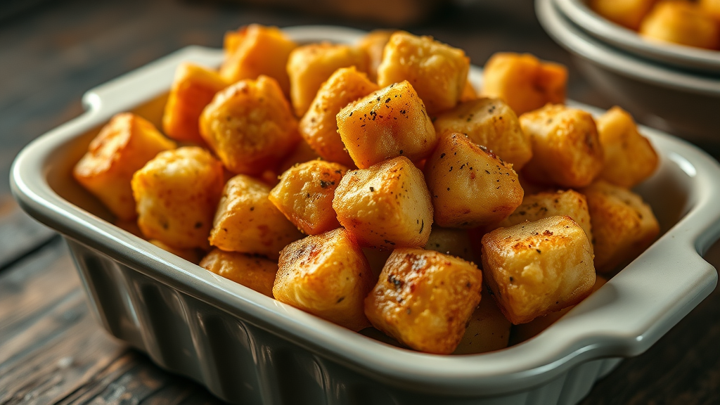 perfectly golden tater tots, close-up, arranged atop hotdish, minnesota hotdish recipes, crispy texture, vintage baking dish, salt and pepper, dramatic lighting