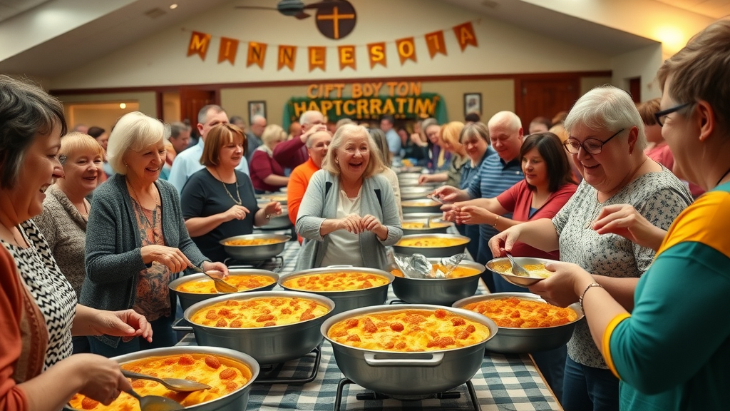 joyful Minnesota community potluck with people serving hotdish, minnesota hotdish recipes, laughter, church basement, warm lighting, highly detailed