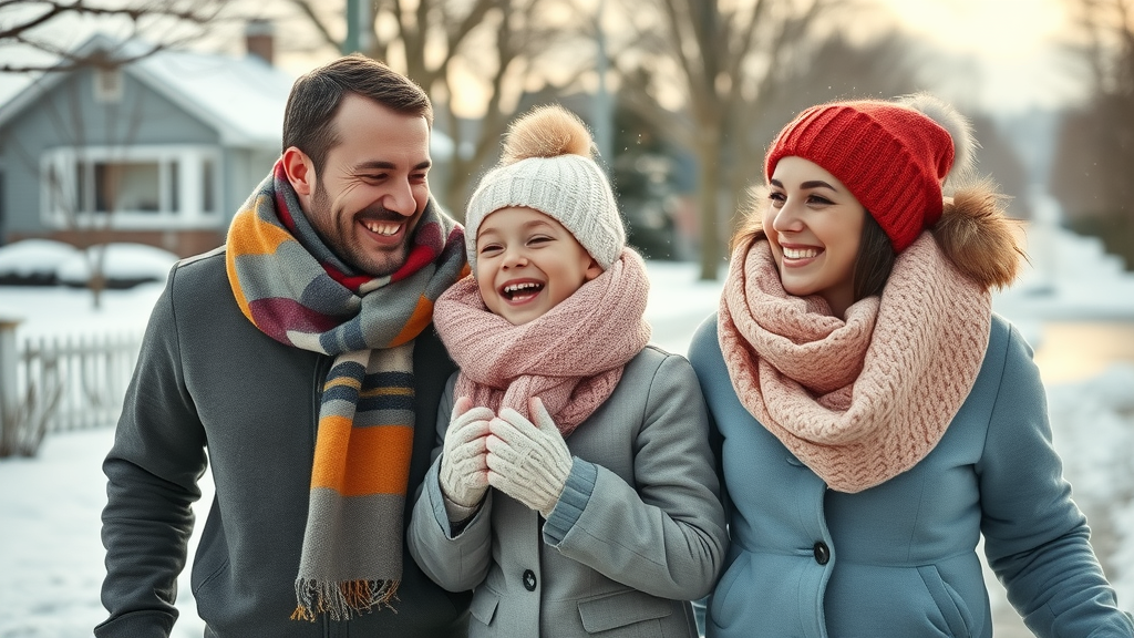 Cozy cheerful Minnesota family bundled up outdoors, smiling and laughing while taking a winter walk together in a snowy suburban neighborhood, demonstrating minnesota winter wellness tips for vibrant health