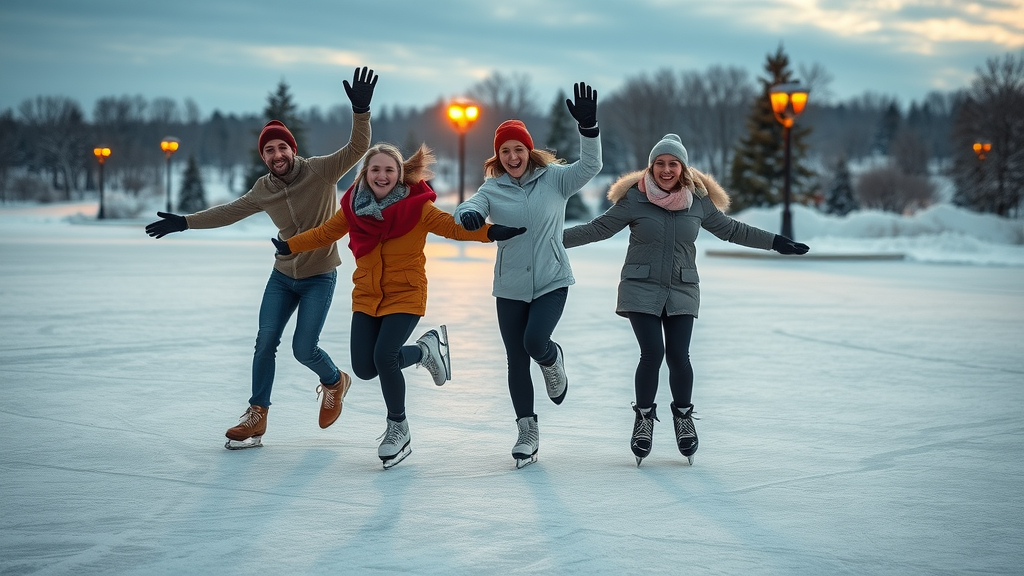 Energetic group of friends enjoying ice skating on a frozen Minnesota lake as a fun outdoor exercise, demonstrating minnesota winter wellness tips and proper workout clothes