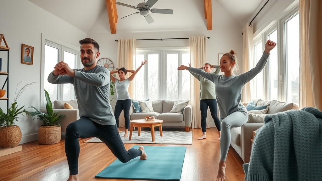 Inviting Minnesota living room with people exercising and performing a home workout, modeling effective minnesota winter wellness tips for indoor workouts