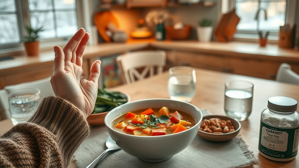 Healthy winter meal in a Minnesota kitchen, featuring a hot bowl of soup with root vegetables, whole grain bread, fresh water, and supplements, showing nutrition and hydration as minnesota winter wellness tips