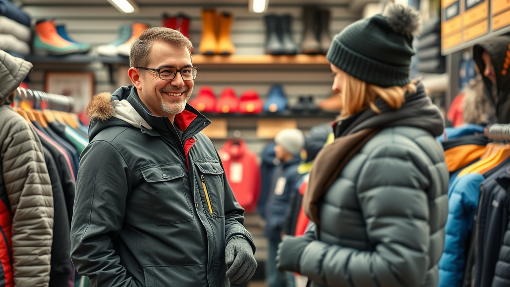 Friendly Minnesota outdoor gear shop clerk helping customer select winter workout clothes for the season, highlighting safe and healthy clothing choices for minnesota winter wellness tips